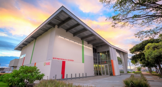 Exterior of the Entrepreneurs Sandbox at sunset